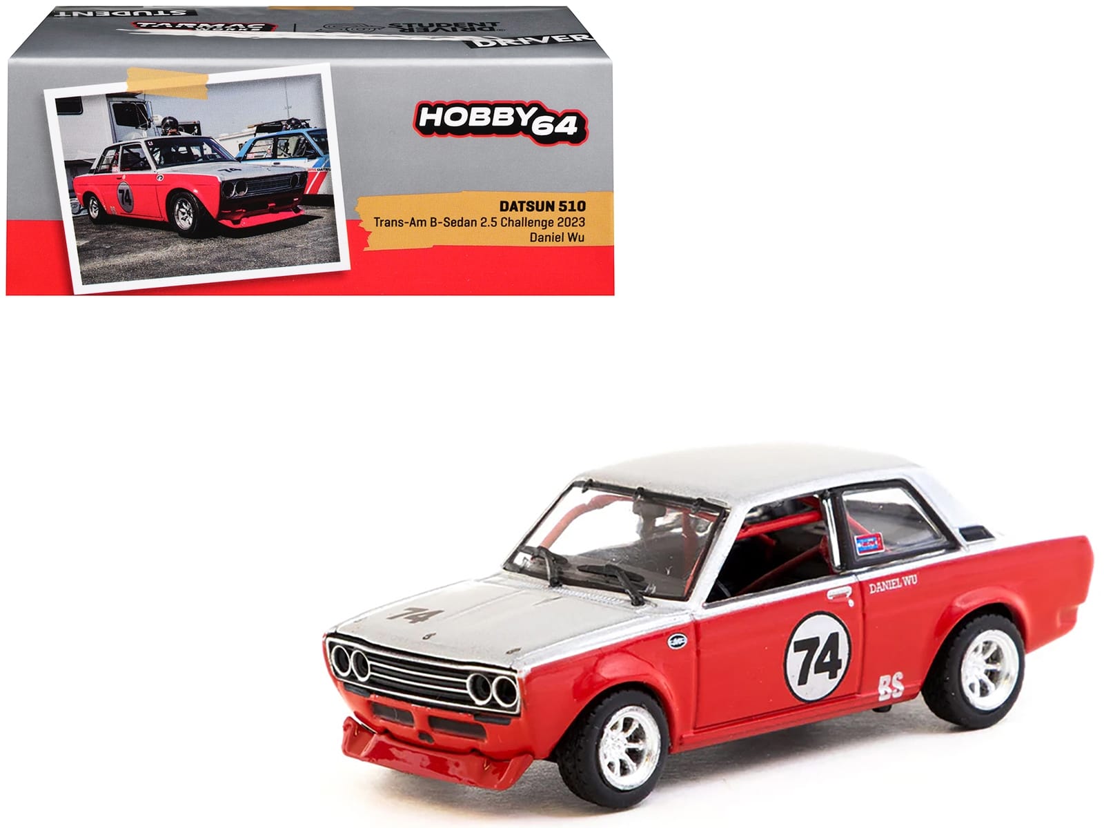 Datsun 510 #74 Daniel Wu "Trans-Am B-Sedan 2.5 Challenge" (2023) Silver and Red "Hobby64" Series 1/64 Diecast Model Car by Tarmac Works - Image 3