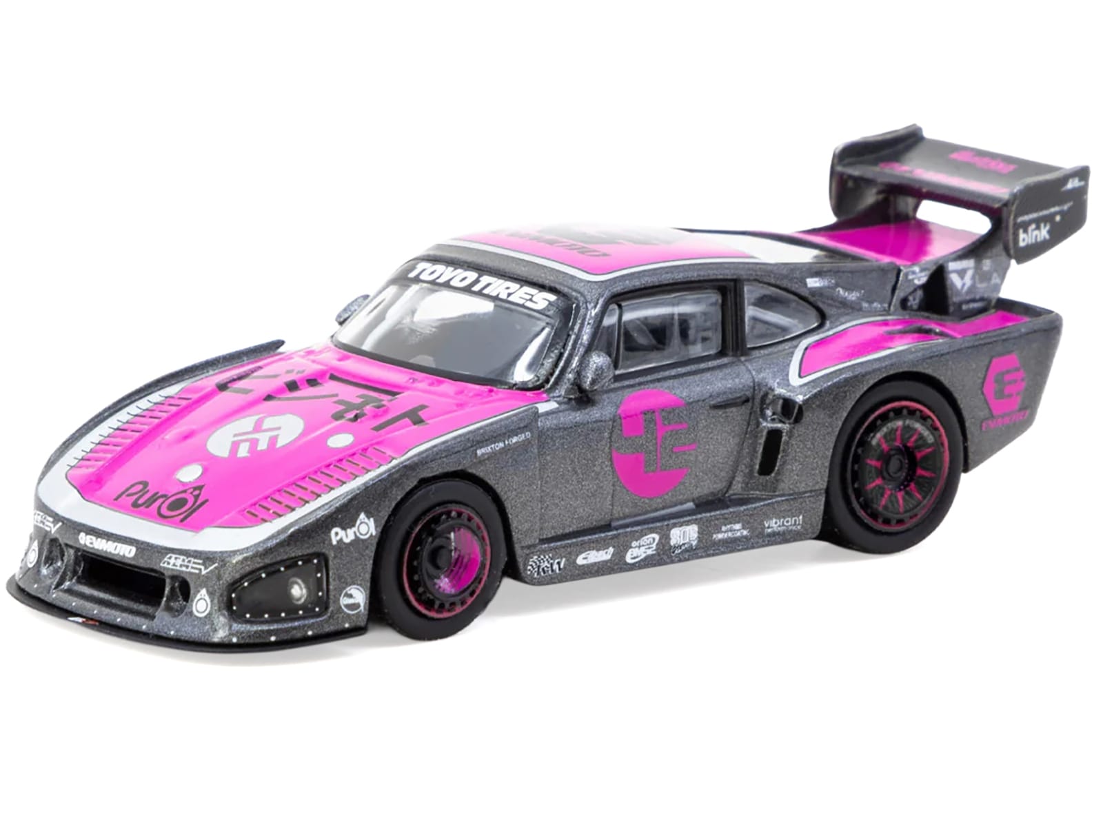 Porsche 935 K3V Bisimoto Gray Metallic with Pink Hood and Top with Tarmac Cards "Hobby64" Series 1/64 Diecast Model by Tarmac Works - Image 2