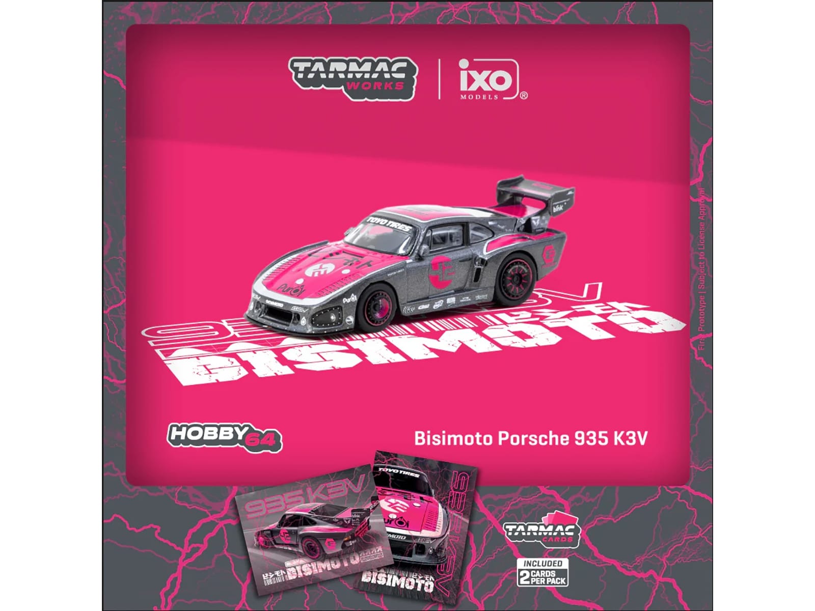 Porsche 935 K3V Bisimoto Gray Metallic with Pink Hood and Top with Tarmac Cards "Hobby64" Series 1/64 Diecast Model by Tarmac Works - Image 3