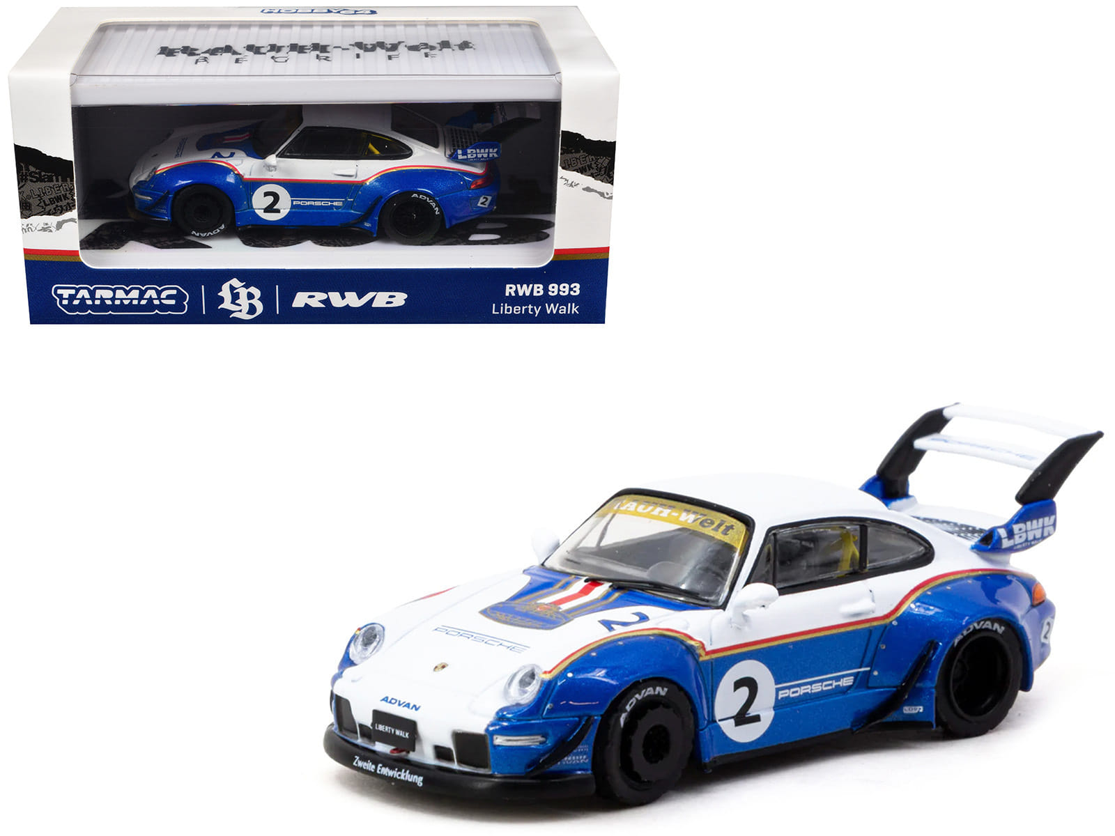 RWB 993 #2 "Liberty Walk" White and Blue Metallic with Container Packaging "Hobby64" Series 1/64 Diecast Model Car by Tarmac Works