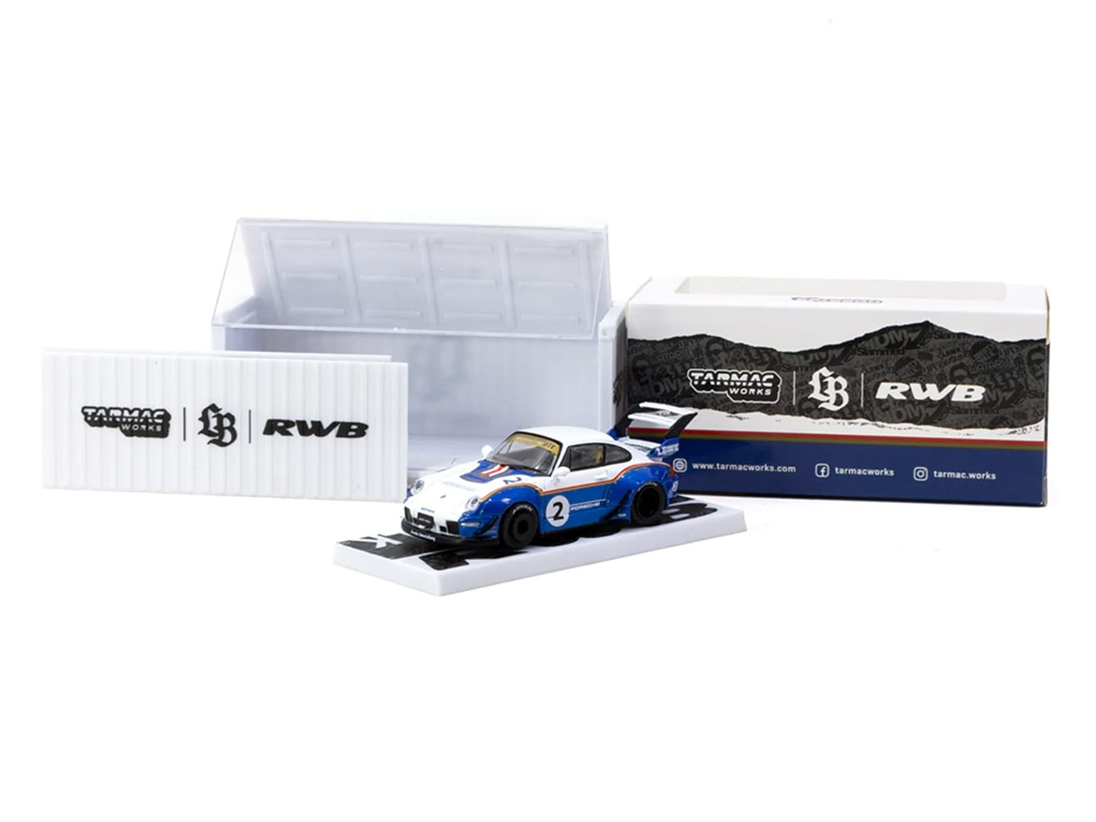 RWB 993 #2 "Liberty Walk" White and Blue Metallic with Container Packaging "Hobby64" Series 1/64 Diecast Model Car by Tarmac Works - Image 4