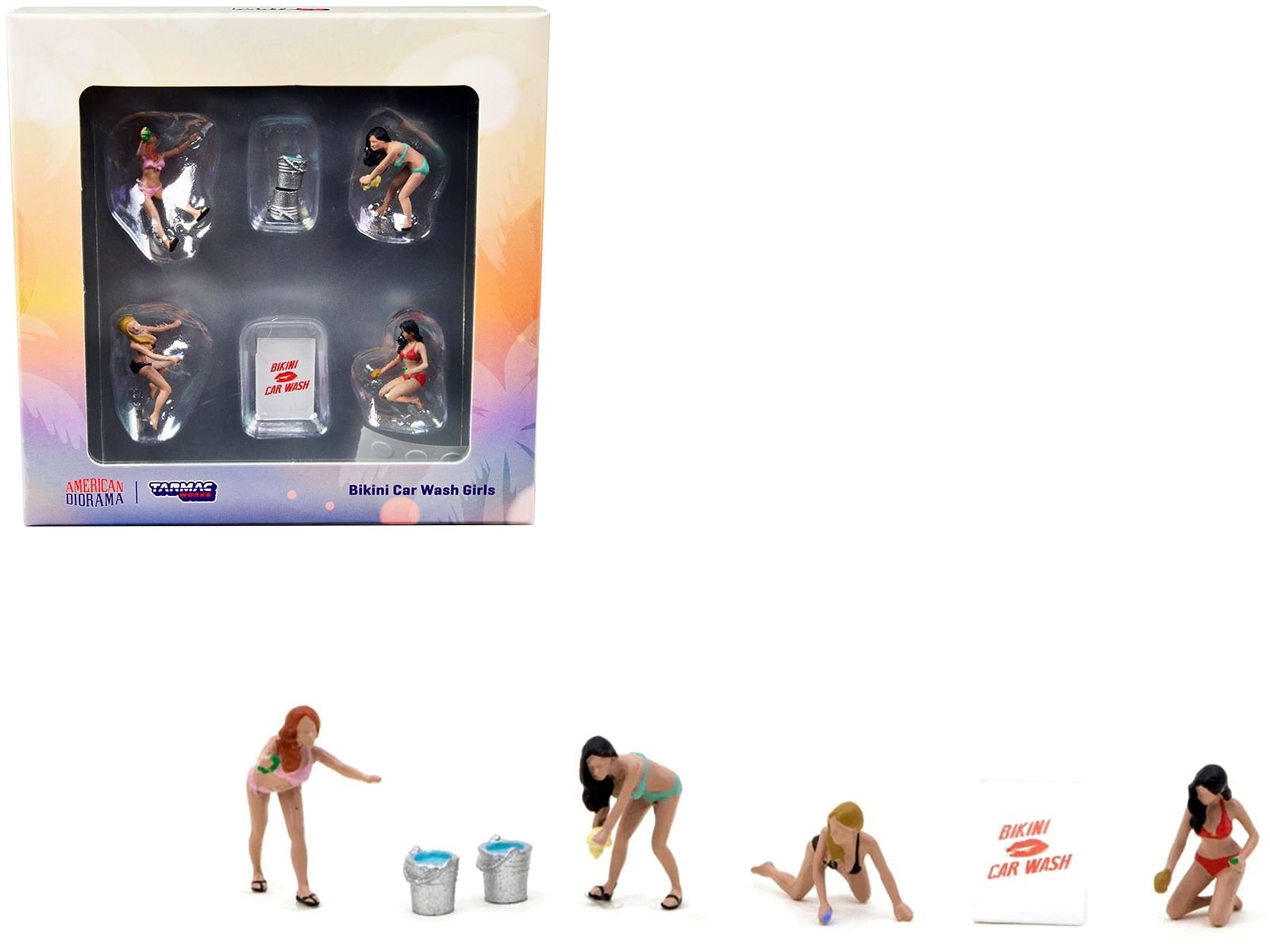 “Bikini Car Wash Girls” 6 Piece Diecast Figure Set (4 Figures and 2 Accessories) for 1/64 Scale Models by Tarmac Works & American Diorama