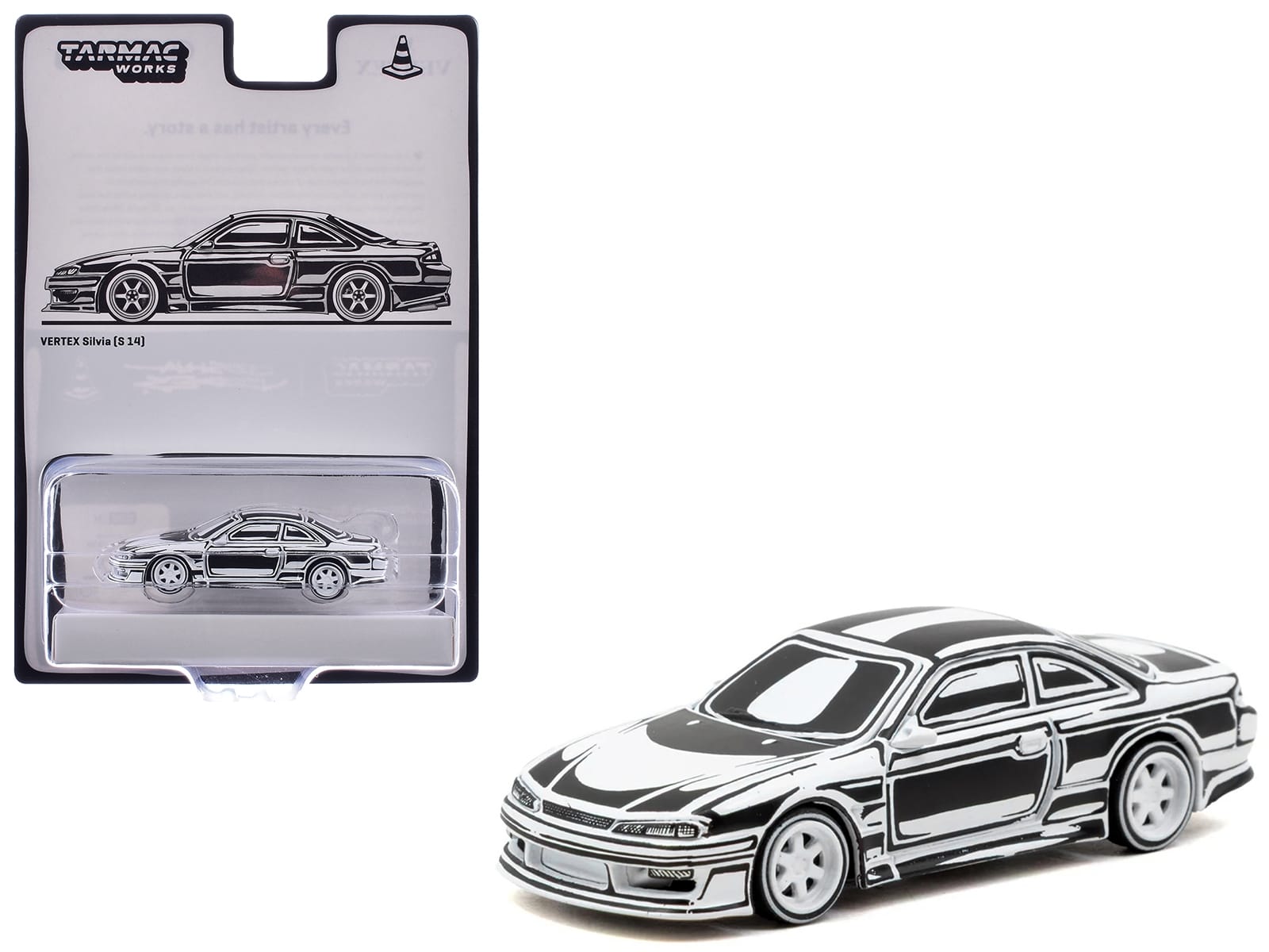 VERTEX Silvia (S14) "Designed by Joshua Vides" Black and White "Global64" Series 1/64 Diecast Model Car by Tarmac Works