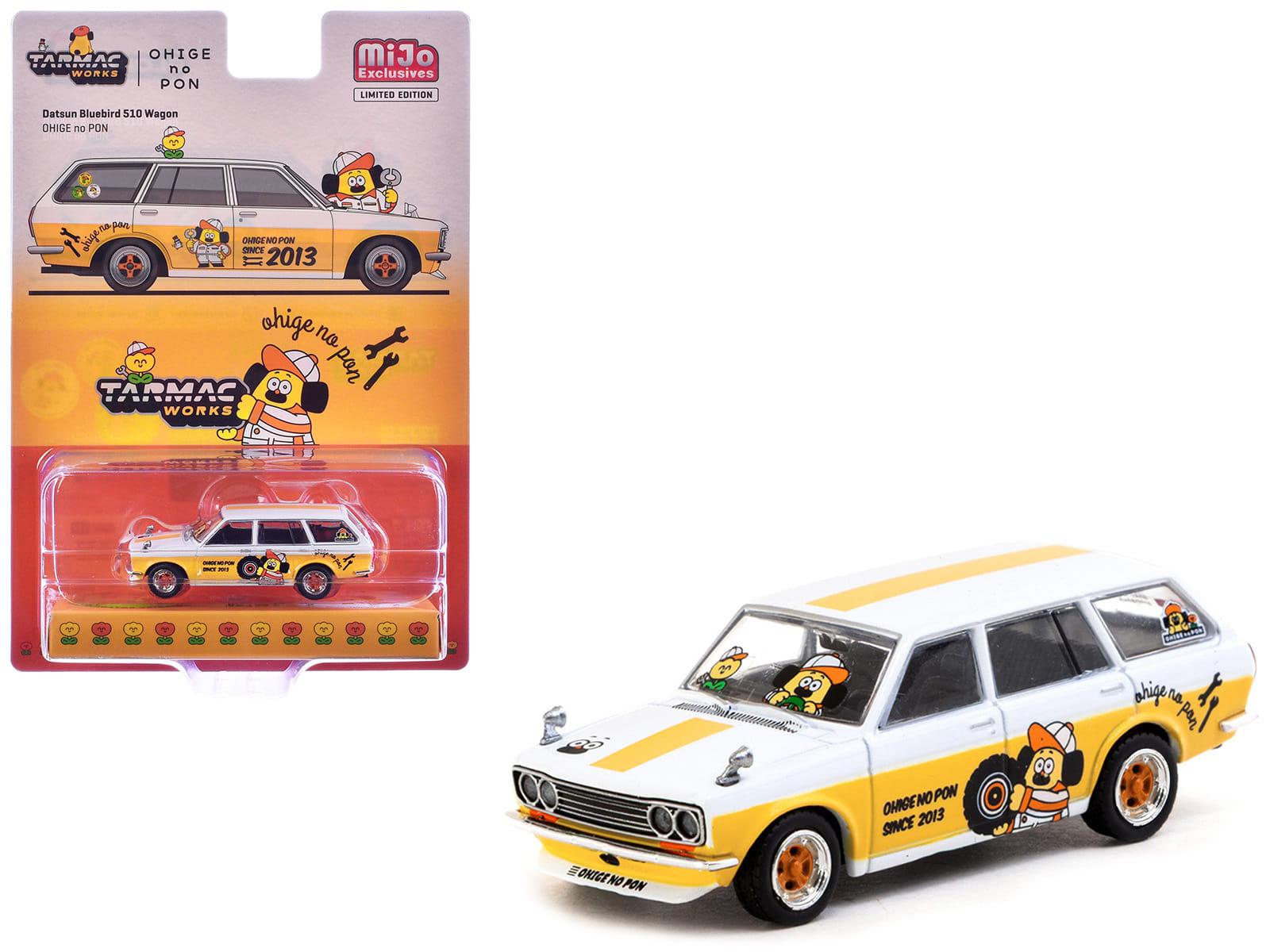 Datsun Bluebird 510 Wagon "Ohige no Pon" White with Orange Stripes and Graphics "Global64" Series 1/64 Diecast Model Car by Tarmac Works