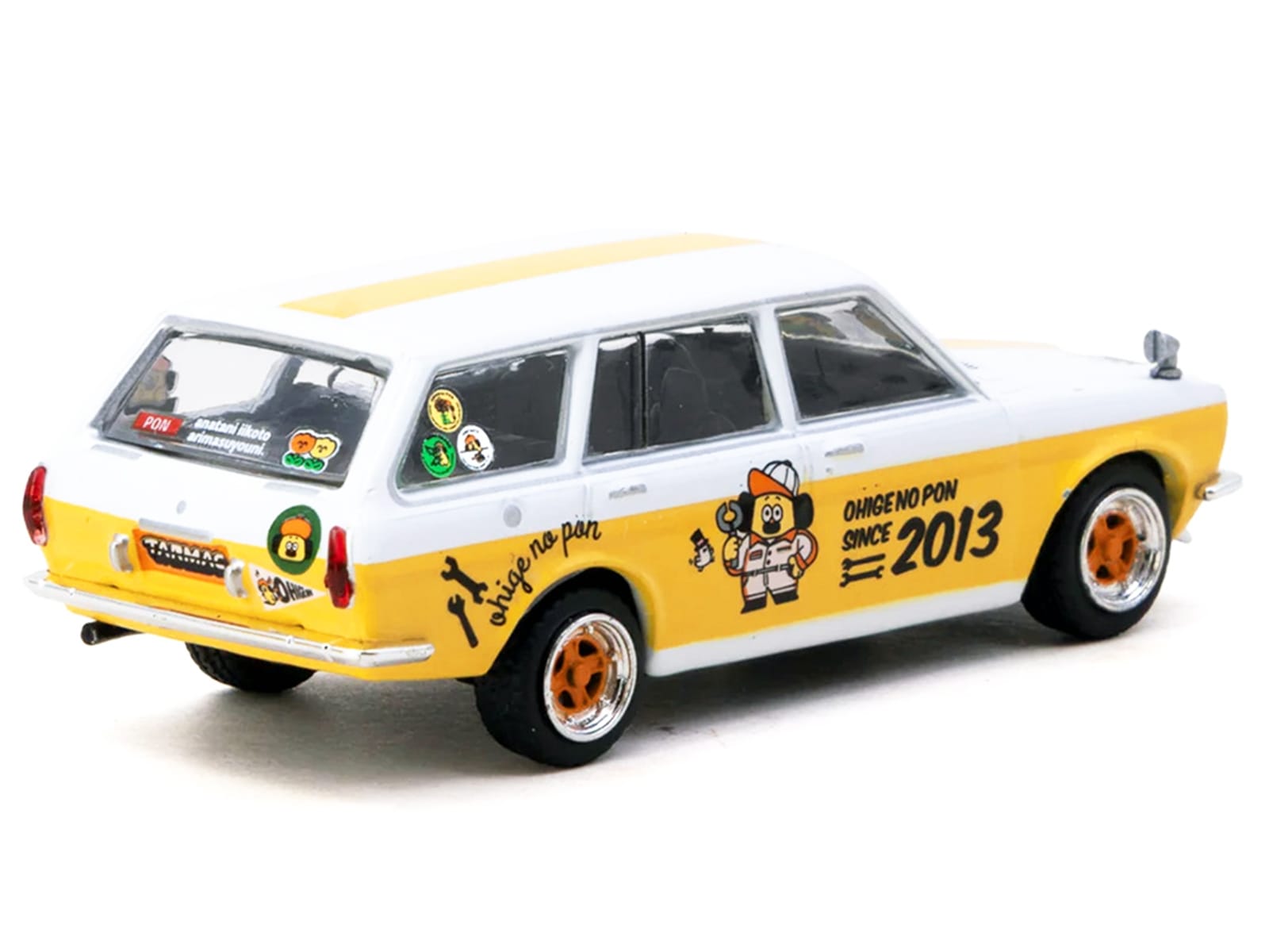 Datsun Bluebird 510 Wagon "Ohige no Pon" White with Orange Stripes and Graphics "Global64" Series 1/64 Diecast Model Car by Tarmac Works - Image 3