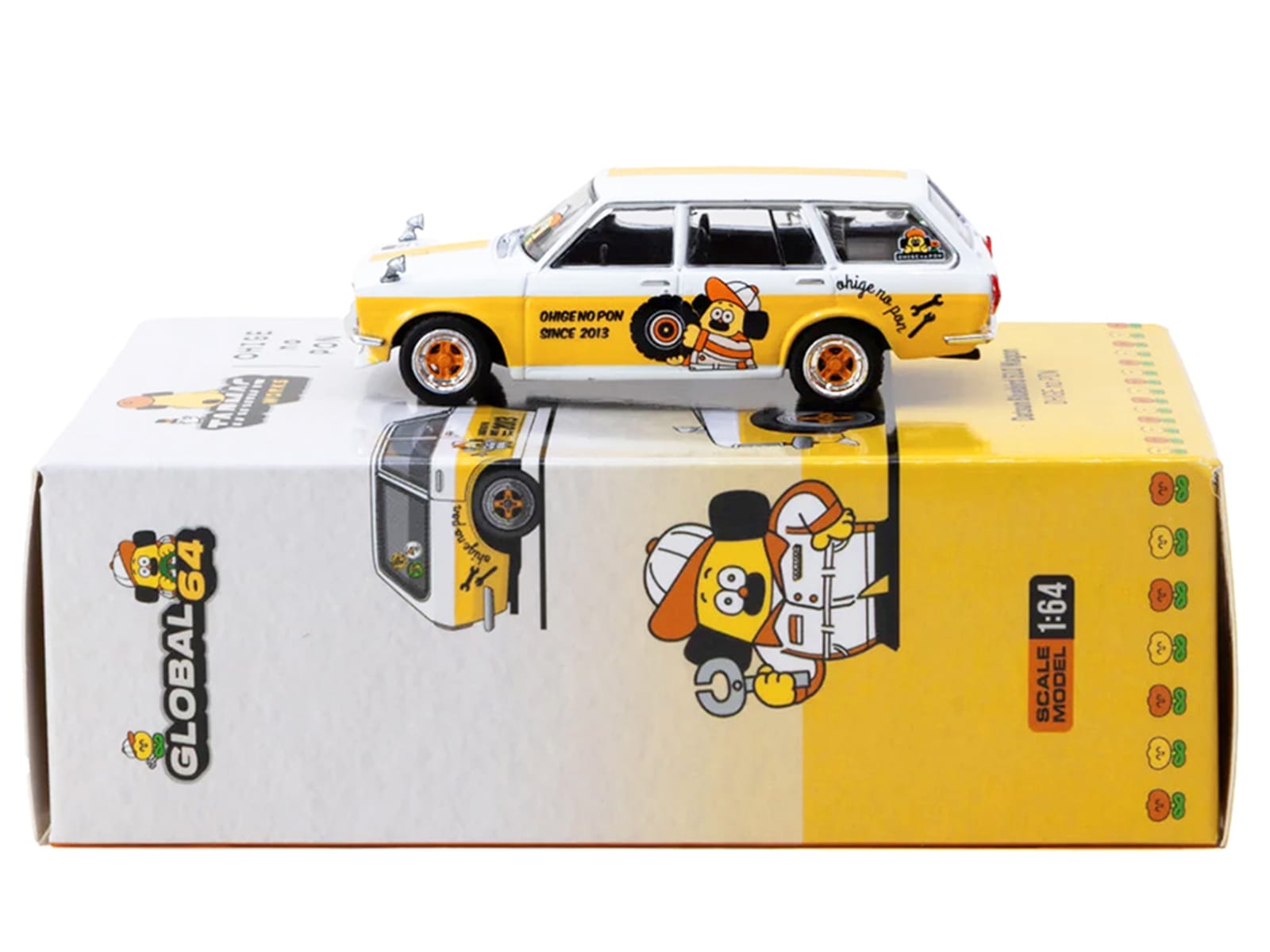 Datsun Bluebird 510 Wagon "Ohige no Pon" White with Orange Stripes and Graphics "Global64" Series 1/64 Diecast Model Car by Tarmac Works - Image 4