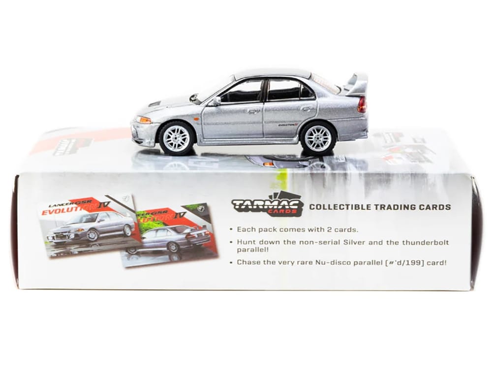 Mitsubishi Lancer Evolution IV Silver Metallic with Tarmac Cards "Global64" Series 1/64 Diecast Model by Tarmac Works - Image 3