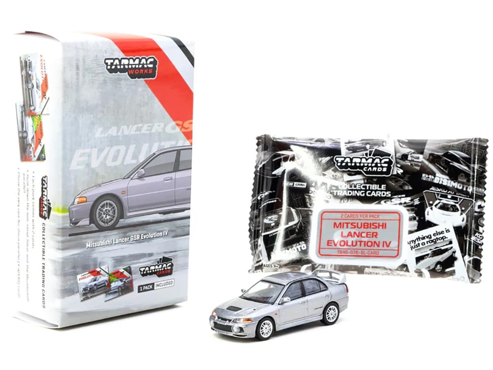 Mitsubishi Lancer Evolution IV Silver Metallic with Tarmac Cards "Global64" Series 1/64 Diecast Model by Tarmac Works - Image 4