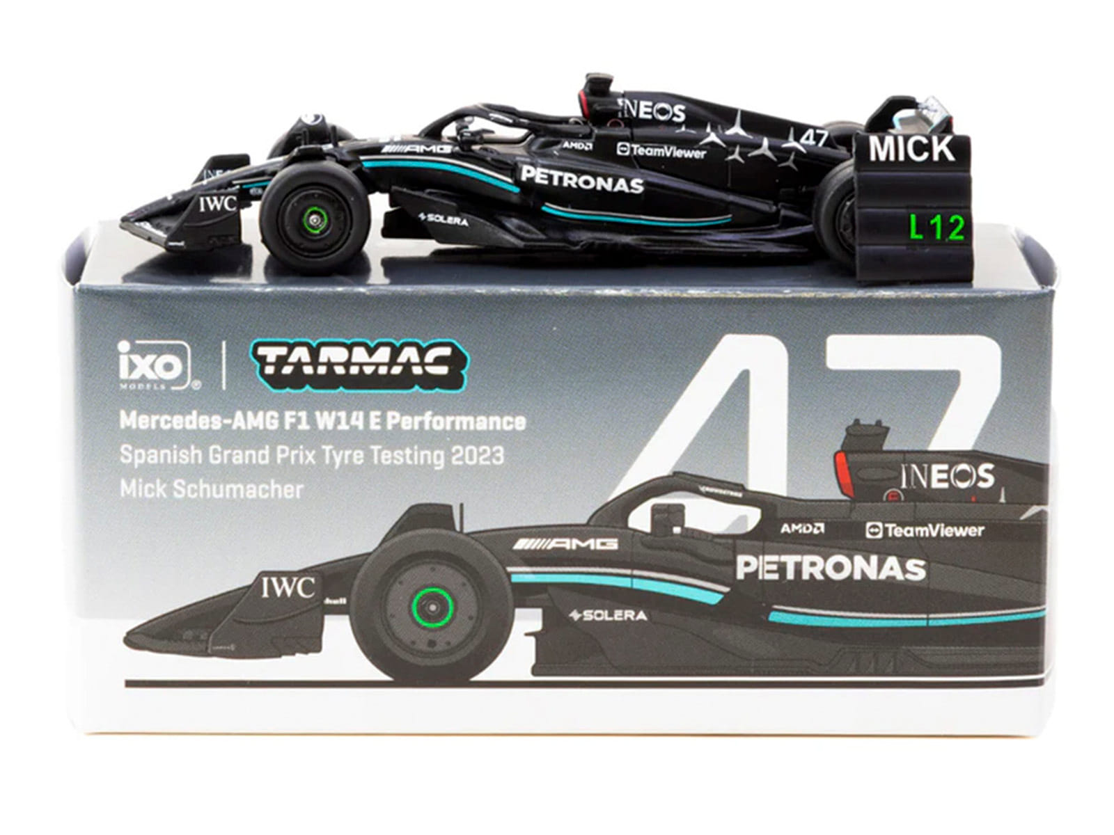 Mercedes-AMG F1 W14 E Performance #47 Mick Schumacher Formula One F1 "Spanish GP Tyre Testing" (2023) with Pit Board "Global64" Series 1/64 Diecast Model by Tarmac Works - Image 4