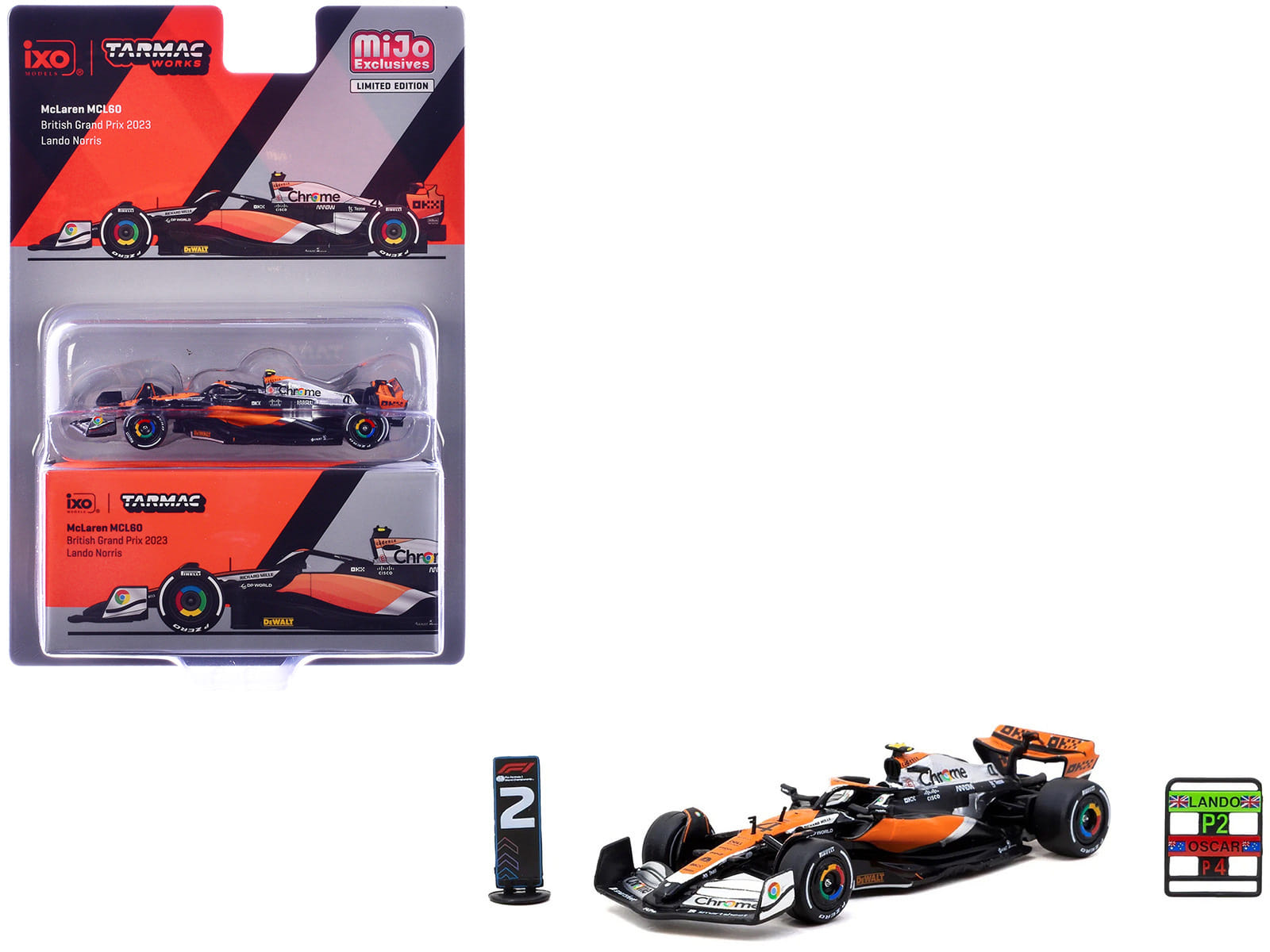 McLaren MCL60 #4 Lando Norris 2nd Place Formula One F1 "British GP" (2023) with Pitboards "Global64" Series 1/64 Diecast Model Car by Tarmac Works