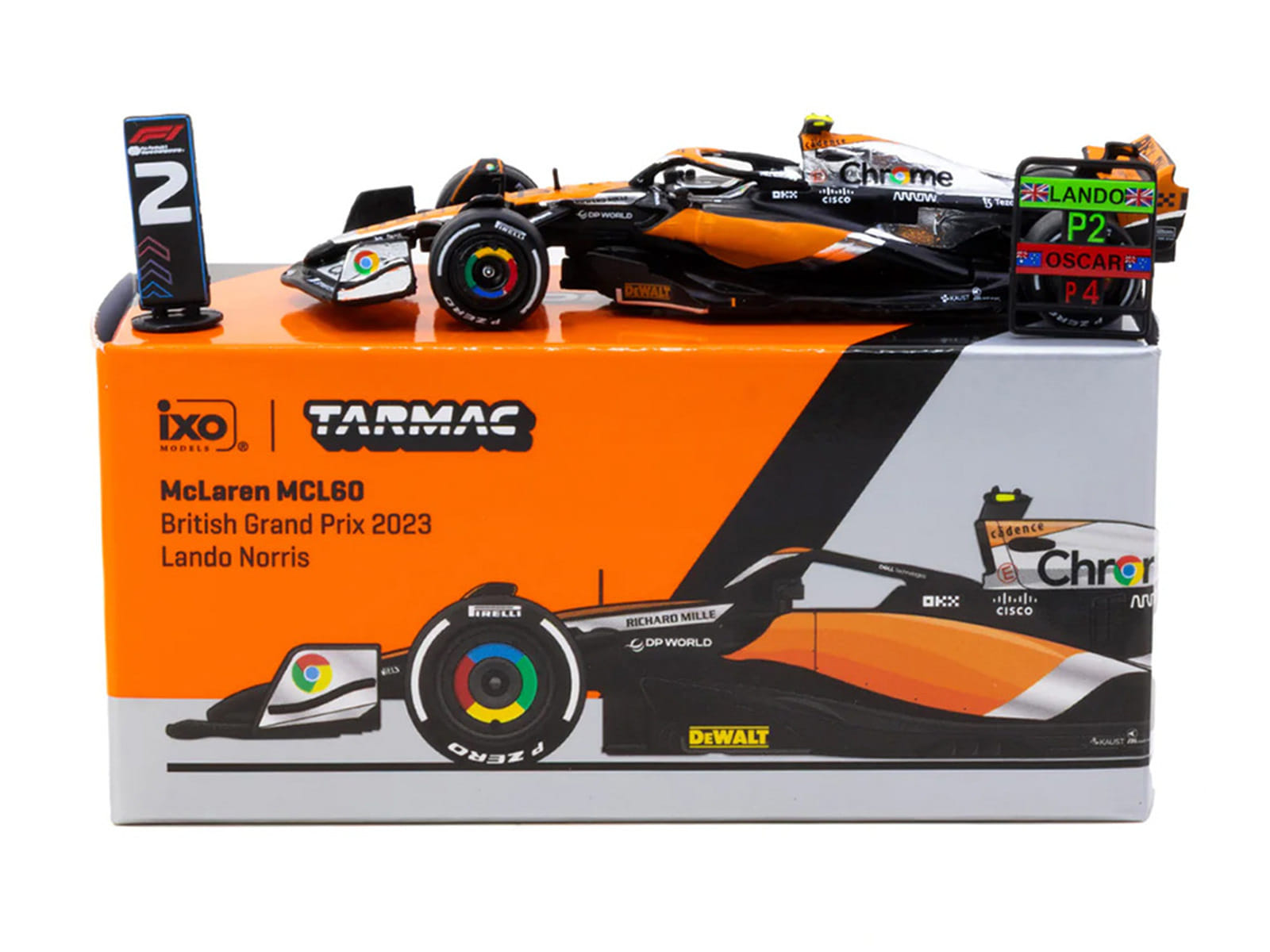 McLaren MCL60 #4 Lando Norris 2nd Place Formula One F1 "British GP" (2023) with Pitboards "Global64" Series 1/64 Diecast Model Car by Tarmac Works - Image 4