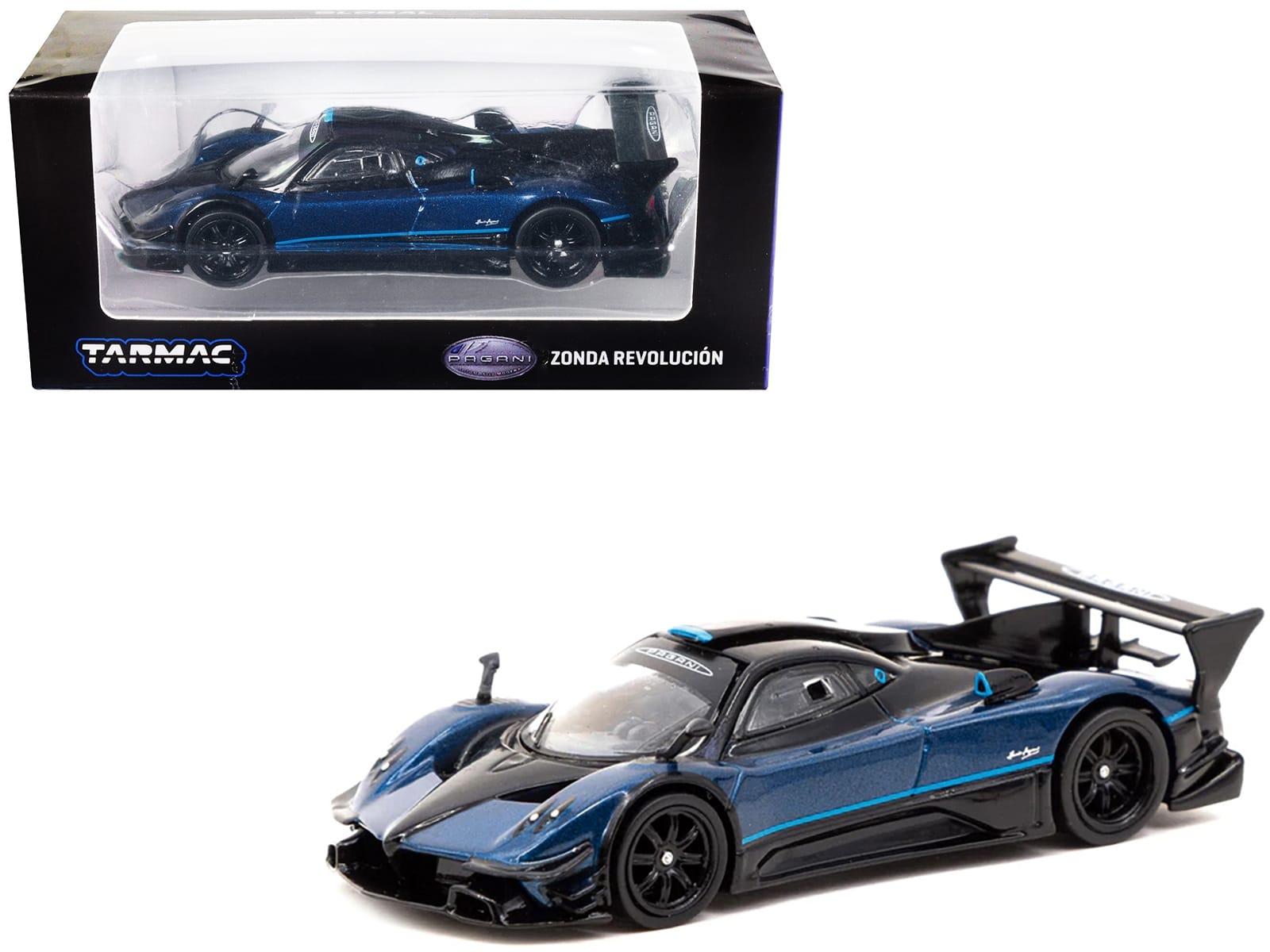 Pagani Zonda Revolucion Blue Metallic and Black with Light Blue Stripes "Global64" Series 1/64 Diecast Model Car by Tarmac Works - Image 2