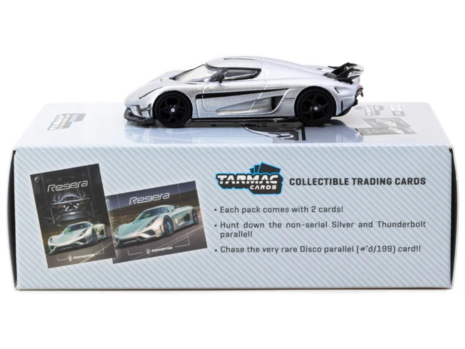 Koenigsegg Regera Silver Metallic with Blue Accents and Collectible Tarmac Cards "Global64" Series 1/64 Diecast Model Car by Tarmac Works - Image 3
