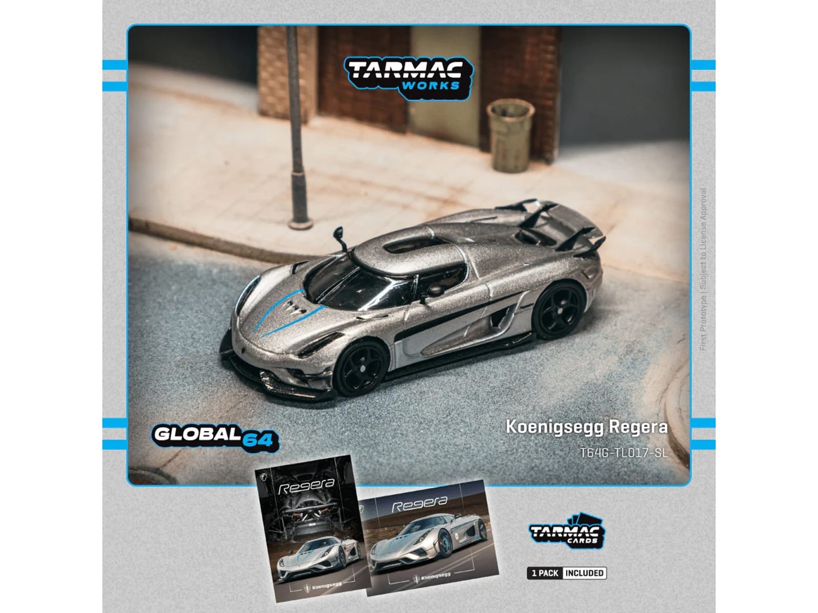 Koenigsegg Regera Silver Metallic with Blue Accents and Collectible Tarmac Cards "Global64" Series 1/64 Diecast Model Car by Tarmac Works - Image 4