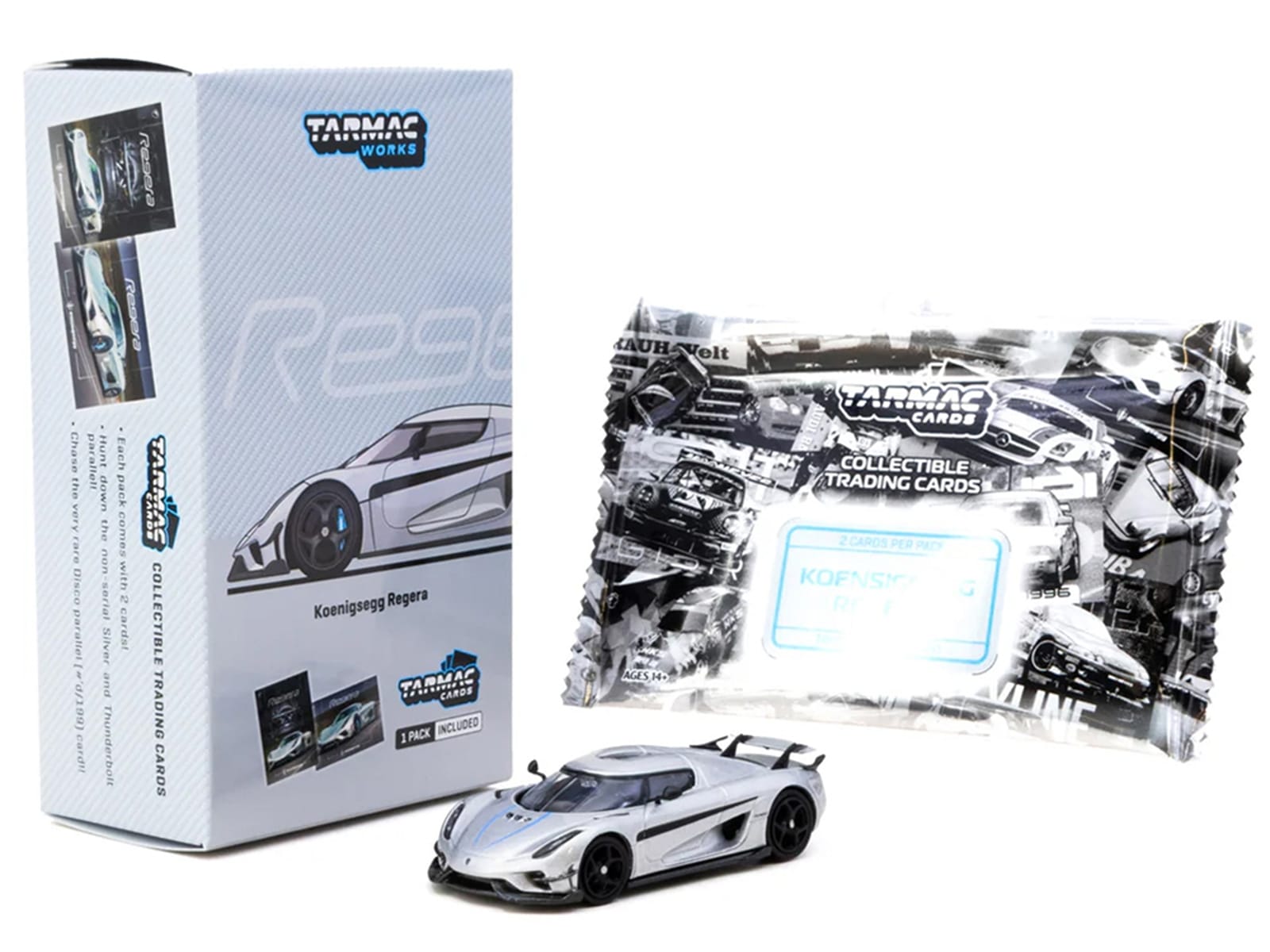 Koenigsegg Regera Silver Metallic with Blue Accents and Collectible Tarmac Cards "Global64" Series 1/64 Diecast Model Car by Tarmac Works - Image 5