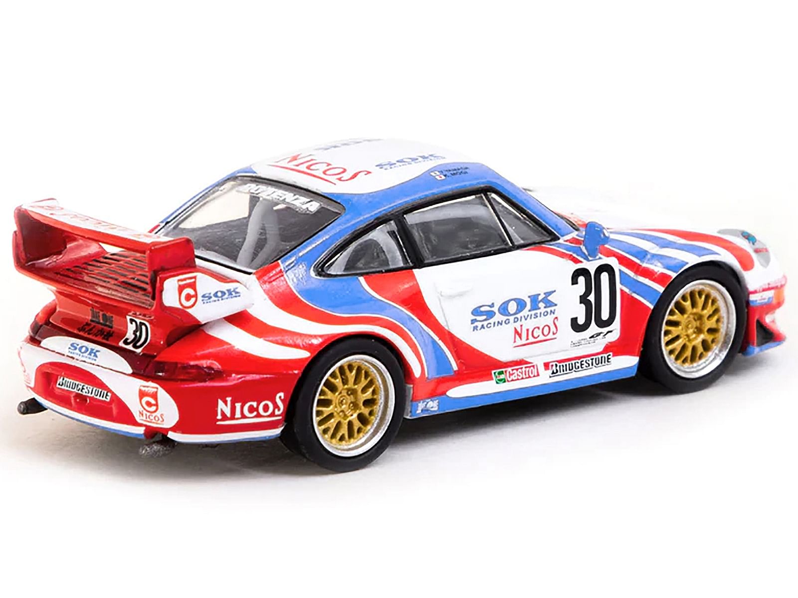 Porsche 911 GT2 #30 “Sohgo-Keibi” White with Red and Blue Graphics “Collab64” Series 1/64 Diecast Model Car by Schuco & Tarmac Works