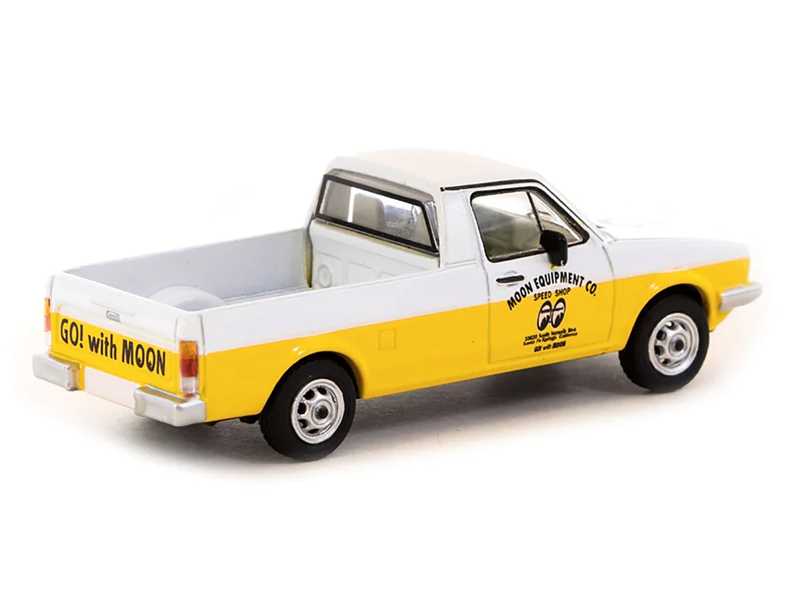 Volkswagen Caddy Pickup Truck White and Yellow “Moon Equipment Co. – Mooneyes” “Collab64” Series 1/64 Diecast Model Car by Schuco & Tarmac Works