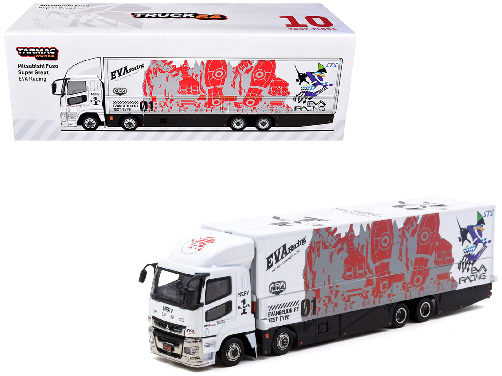 Mitsubishi Fuso Super Great Truck with Transporter "EVA Racing" White with Graphics "Truck64" Series 1/64 Diecast Model Car by Tarmac Works