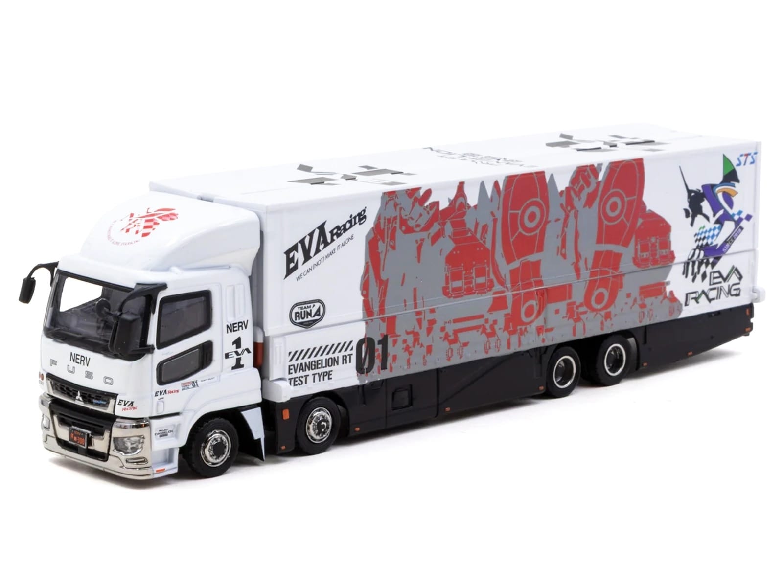 Mitsubishi Fuso Super Great Truck with Transporter "EVA Racing" White with Graphics "Truck64" Series 1/64 Diecast Model Car by Tarmac Works - Image 2