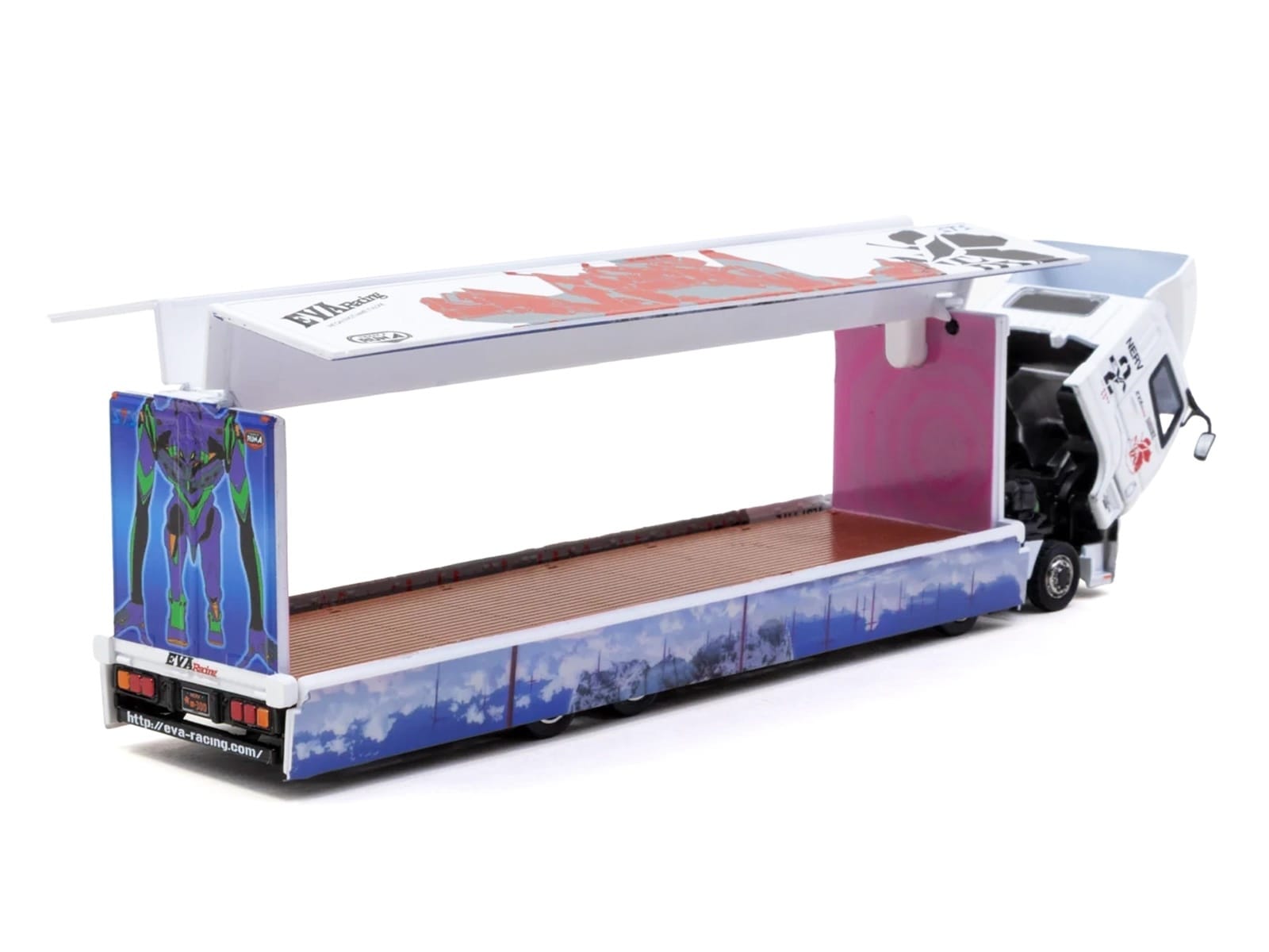 Mitsubishi Fuso Super Great Truck with Transporter "EVA Racing" White with Graphics "Truck64" Series 1/64 Diecast Model Car by Tarmac Works - Image 3