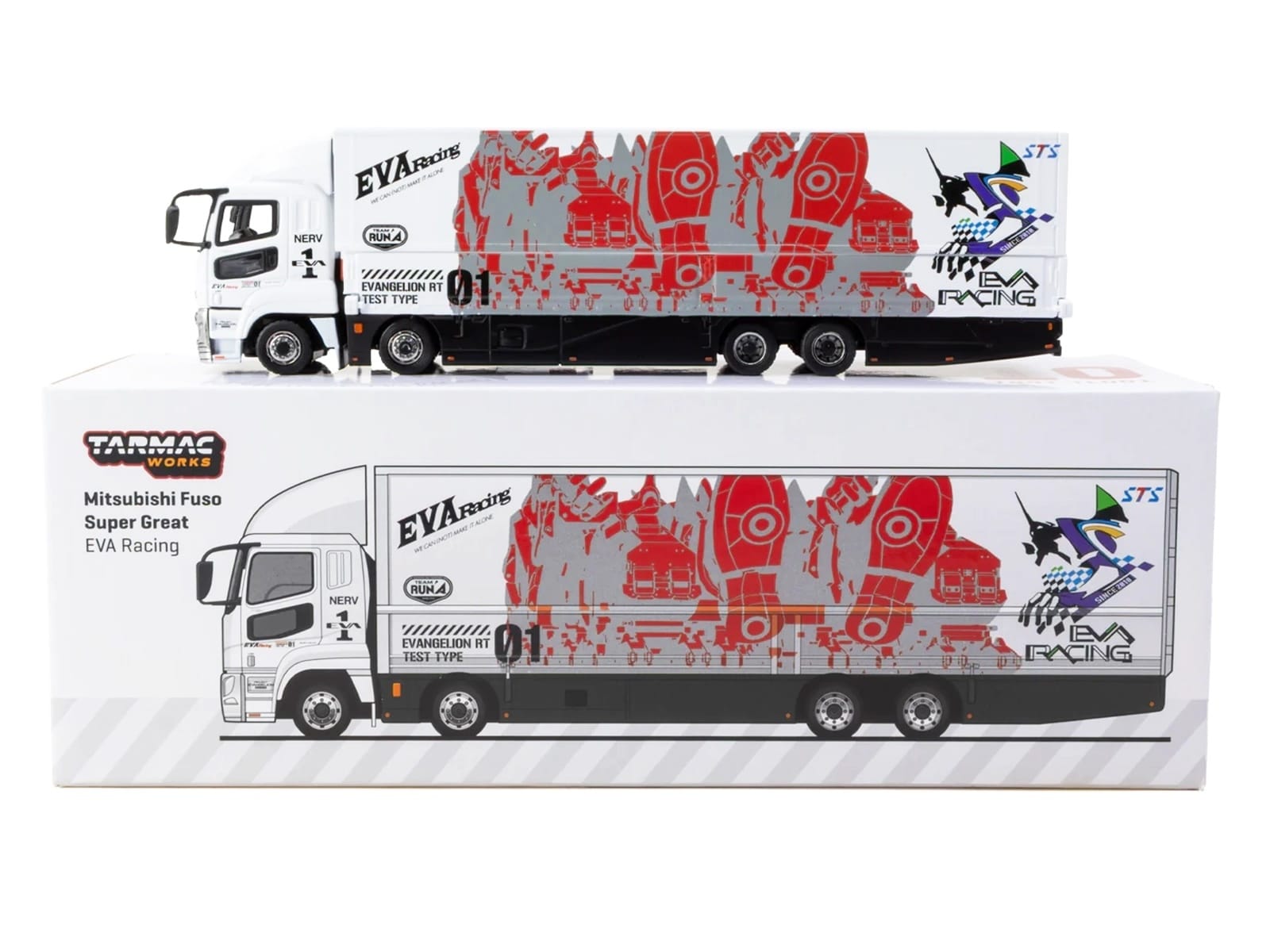 Mitsubishi Fuso Super Great Truck with Transporter "EVA Racing" White with Graphics "Truck64" Series 1/64 Diecast Model Car by Tarmac Works - Image 4