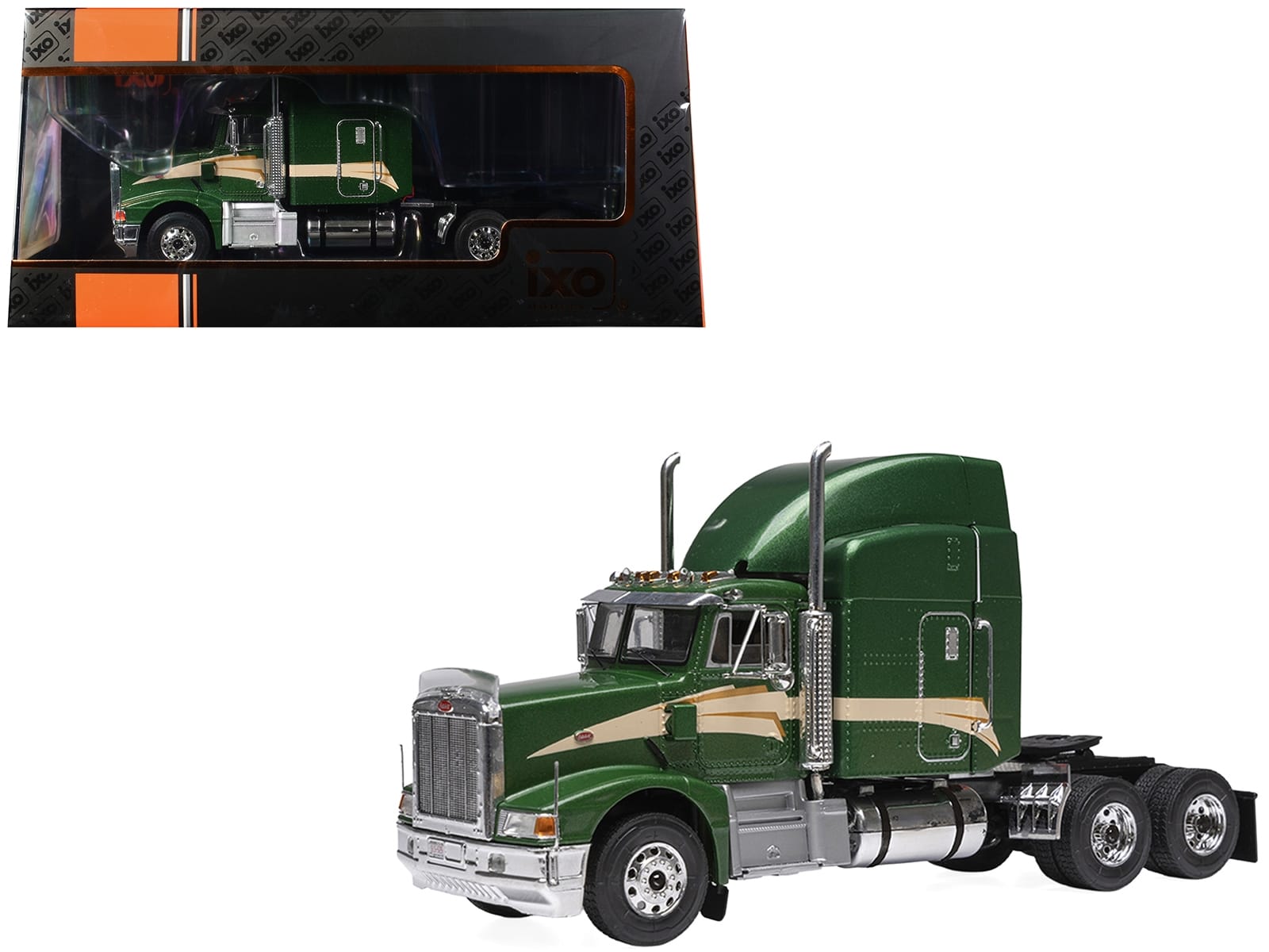 1998 Peterbilt 377 A/E Truck Tractor Green Metallic with Beige Stripes 1/43 Diecast Model by IXO Models