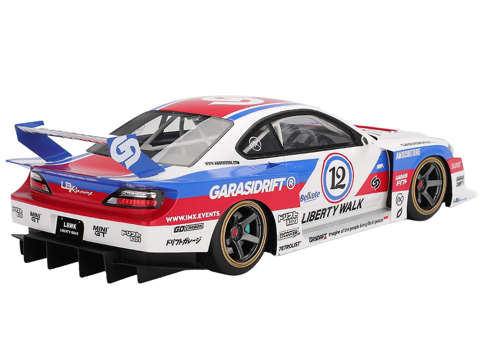 Nissan "LB-Super Silhouette" S15 SILVIA RHD (Right Hand Drive) #12 "GARASIDRIFT" White with Red and Blue Graphics 1/18 Model Car by Top Speed - Image 5