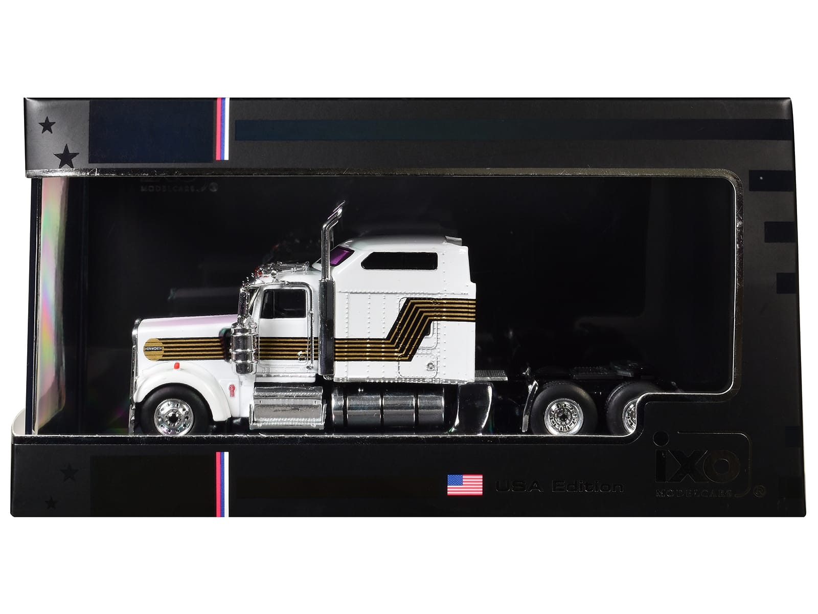1995 Kenworth W900 Truck Tractor White with Black and Gold Stripes 1/64 Diecast Model by IXO Models