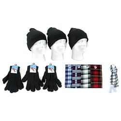 Category: Dropship Apparel & Clothing, SKU #672512, Title: . Case of [180] Adult Winter Hats, Gloves, & Plaid Scarves - Assorted, Black .