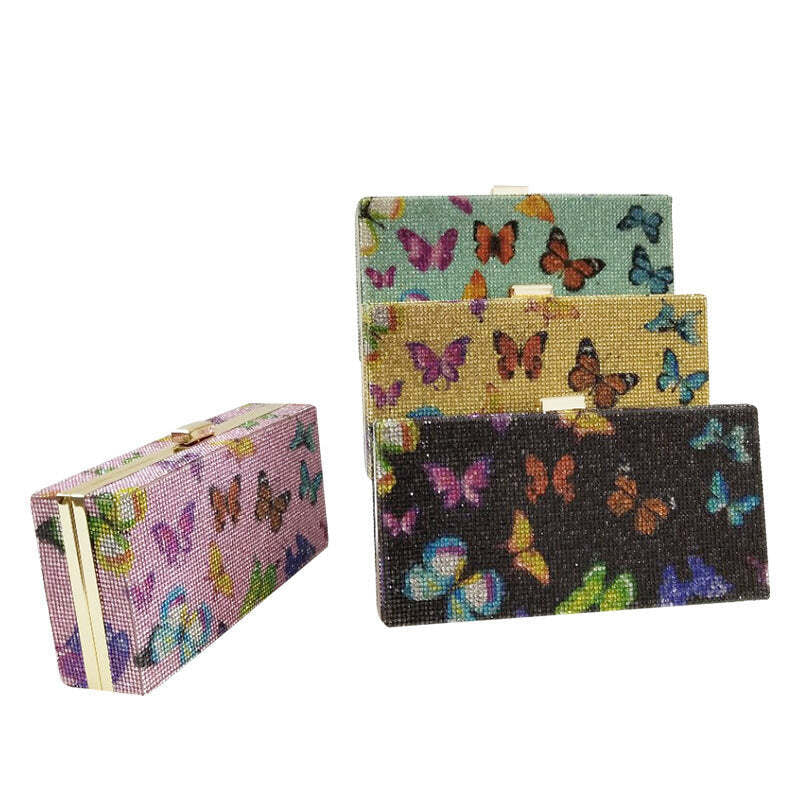 Color: PINK - Papillons Evening Clutch Bag With Rhinestones