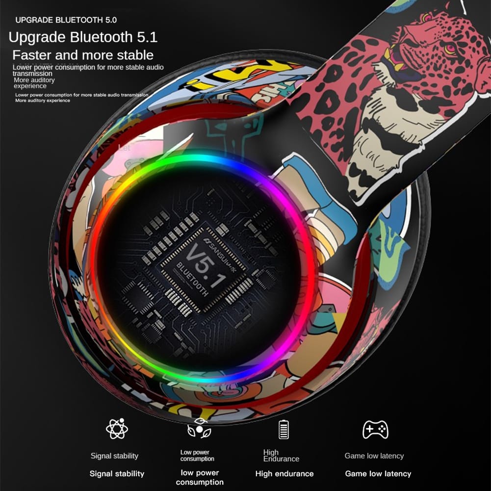 Graffiti Foldable Bluetooth Headphones Wireless Sports Headset Noise Reduction Gaming Earphone black - Image 2