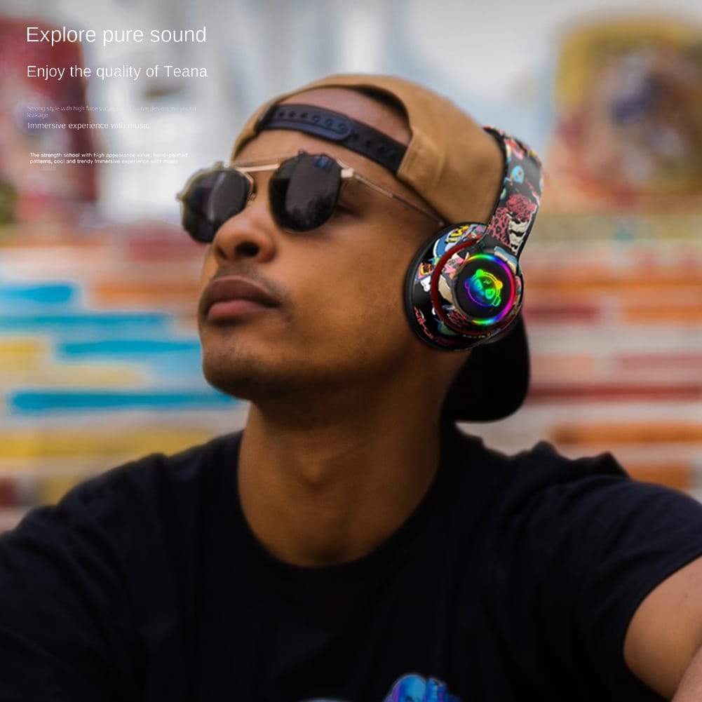 Graffiti Foldable Bluetooth Headphones Wireless Sports Headset Noise Reduction Gaming Earphone White - Image 5
