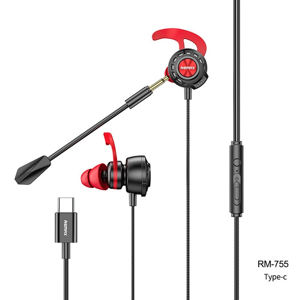REMAX E-sports Gaming Headphone Type-c Interface Wire Control In-ear Headset Dual-mic HD Noise Reduction Earphone black red