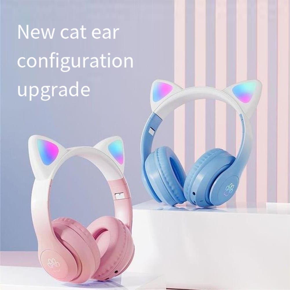 Wireless Bluetooth Headphone Cute Cat Ear Gradient Color Luminous Head-mounted Gaming Headset white blue - Image 4