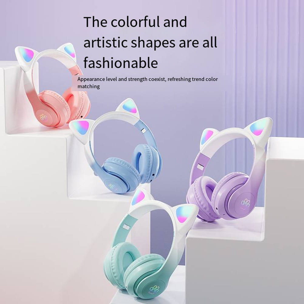 Wireless Bluetooth Headphone Cute Cat Ear Gradient Color Luminous Head-mounted Gaming Headset white blue - Image 6