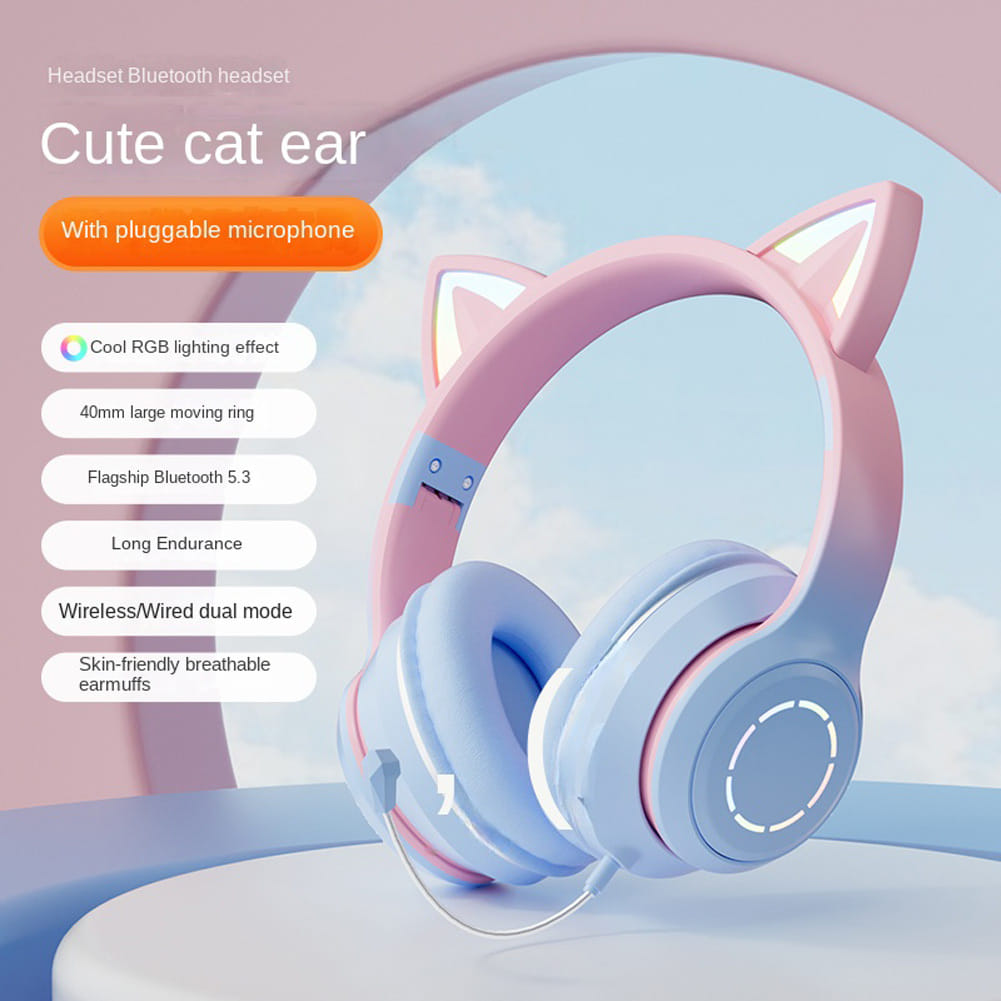 Wireless Bluetooth Headphone Gradient Color Luminous Cat Ears Gaming Headset Lovely Christmas Gifts blue + microphone