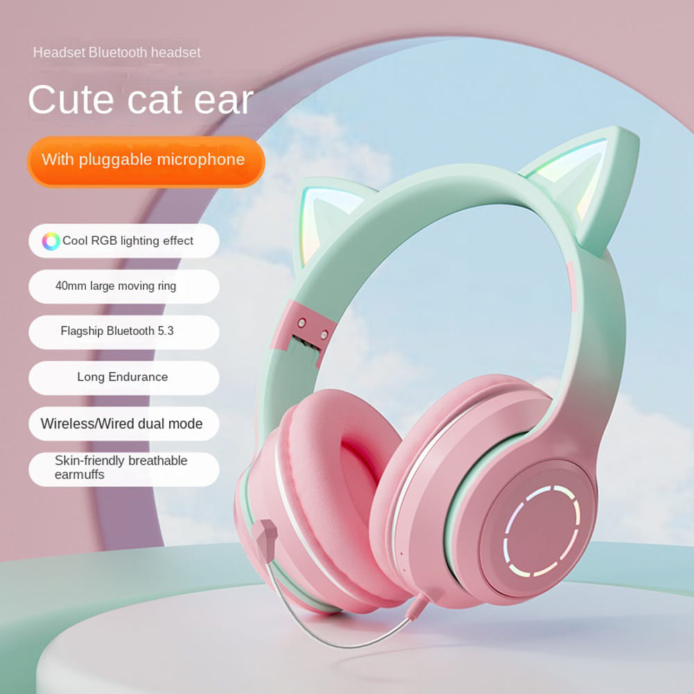 Wireless Bluetooth Headphone Gradient Color Luminous Cat Ears Gaming Headset Lovely Christmas Gifts pink + microphone - Image 3