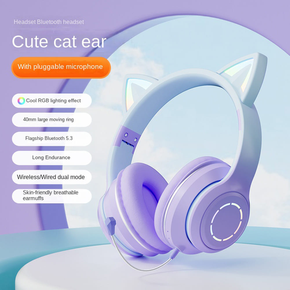 Wireless Bluetooth Headphone Gradient Color Luminous Cat Ears Gaming Headset Lovely Christmas Gifts pink + microphone - Image 4