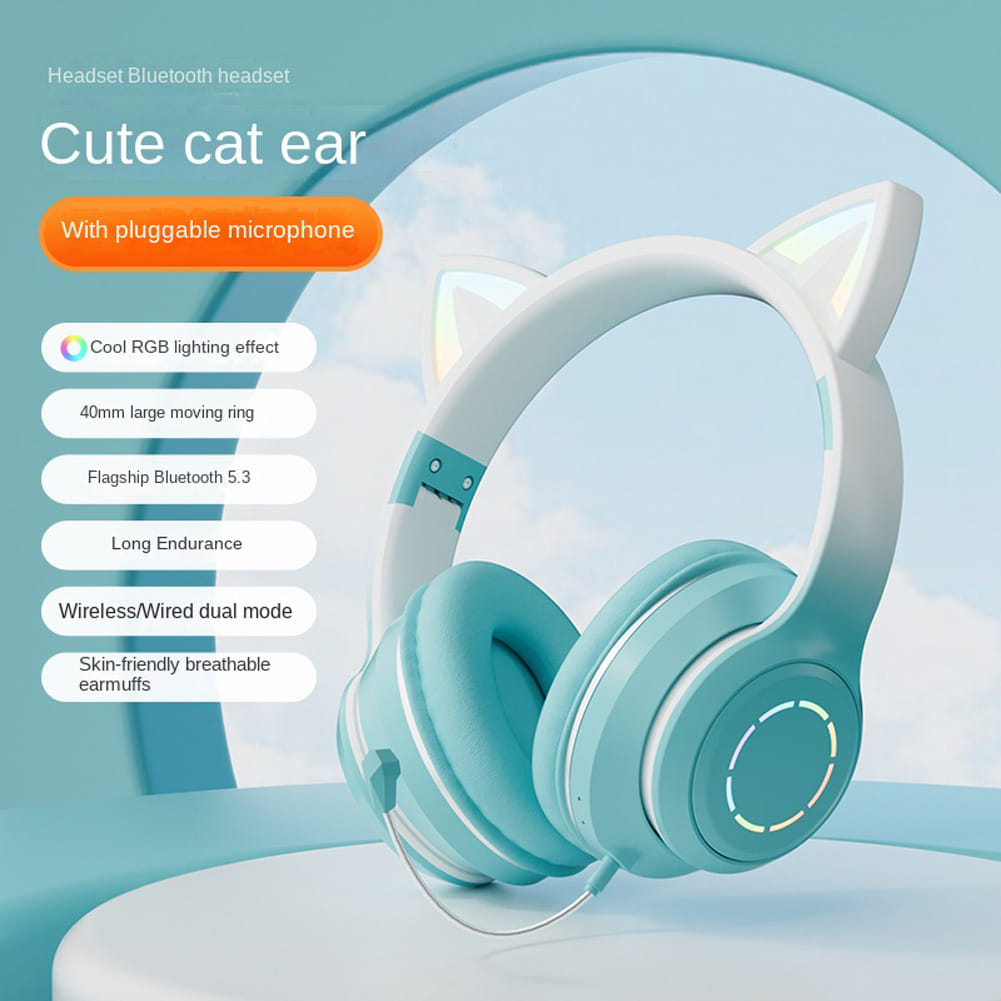 Wireless Bluetooth Headphone Gradient Color Luminous Cat Ears Gaming Headset Lovely Christmas Gifts pink + microphone - Image 5