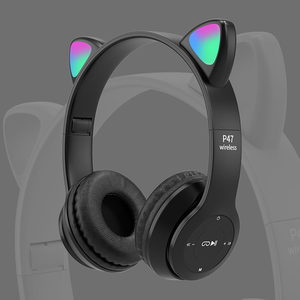 P47m Cute Cat Ears Luminous Head-mounted Headphones Wireless Bluetooth Game Headset black - Image 2