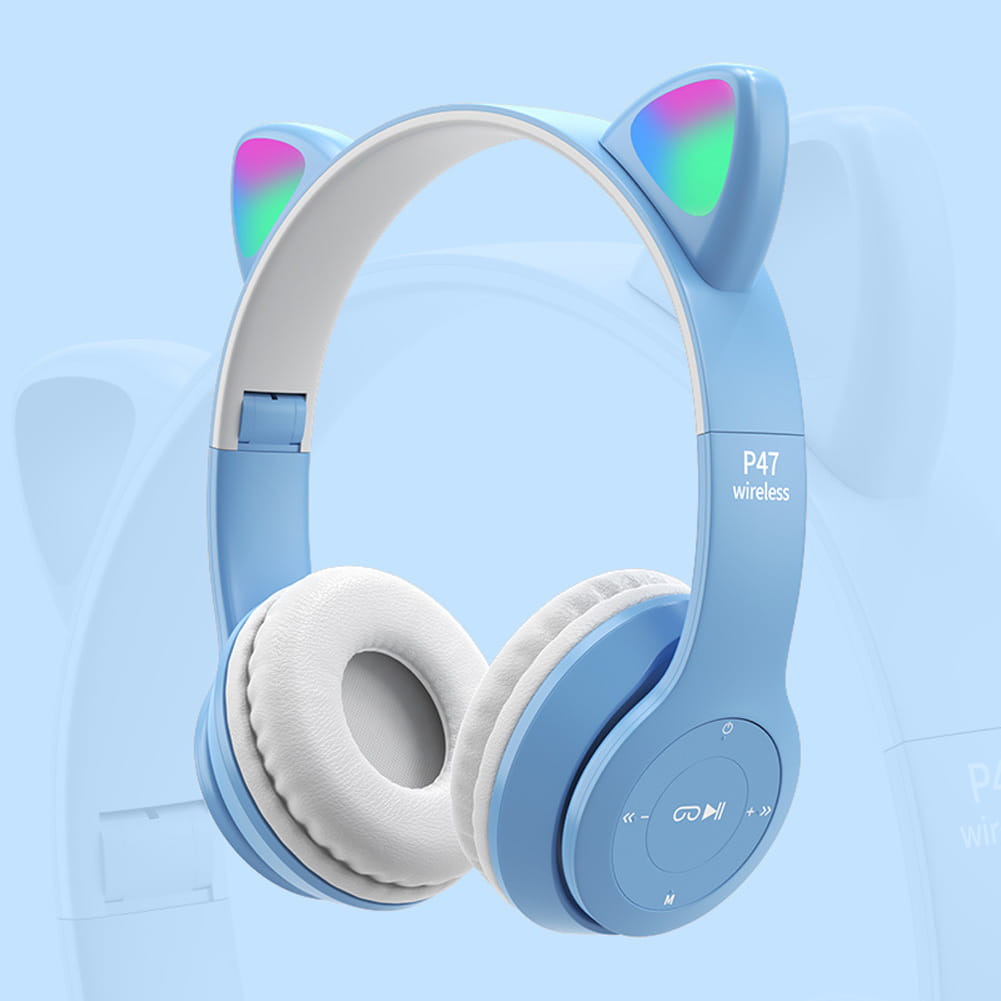 P47m Cute Cat Ears Luminous Head-mounted Headphones Wireless Bluetooth Game Headset black - Image 3