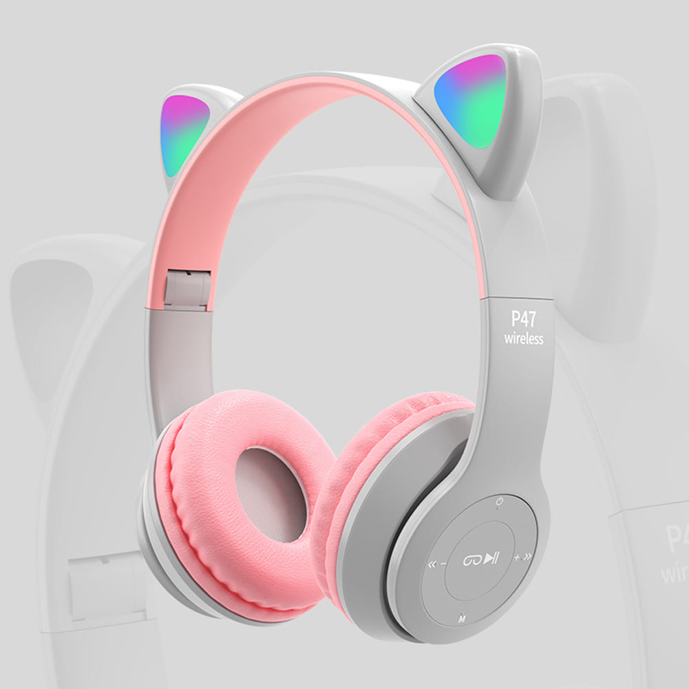 P47m Cute Cat Ears Luminous Head-mounted Headphones Wireless Bluetooth Game Headset black - Image 4