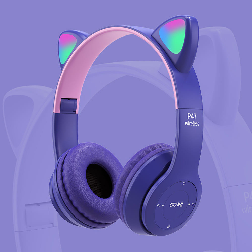 P47m Cute Cat Ears Luminous Head-mounted Headphones Wireless Bluetooth Game Headset black - Image 5