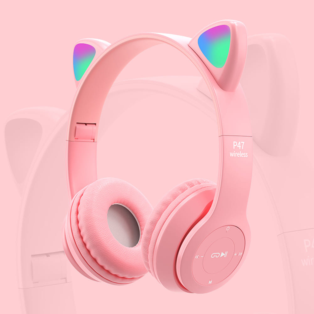 P47m Cute Cat Ears Luminous Head-mounted Headphones Wireless Bluetooth Game Headset black - Image 6