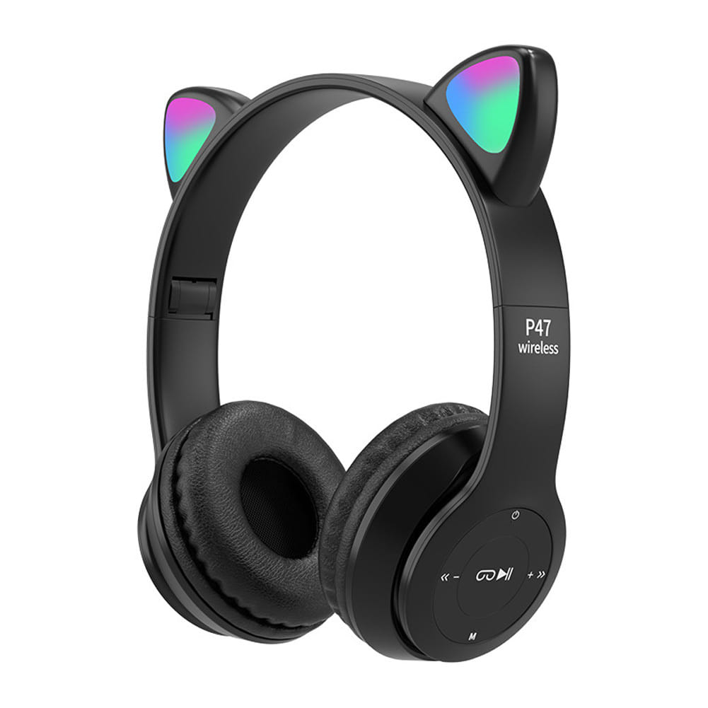 P47m Cute Cat Ears Luminous Head-mounted Headphones Wireless Bluetooth Game Headset black - Image 7