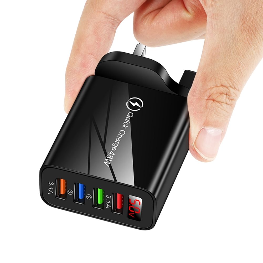 48W 3.1A 4USB Fast Charging Charger Real-time Variable Frequency LCD Digital Display Head Adapter Black UK Plug