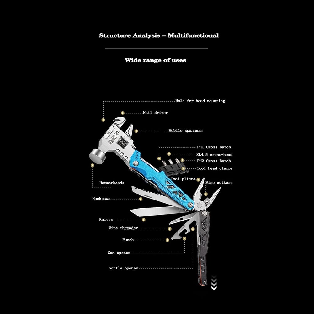 Camping Hammer Multitool Survival Gear Portable High-carbon Steel Safety Locking Compact Multi Tool For Outdoor Camping Accessories blue - Image 3