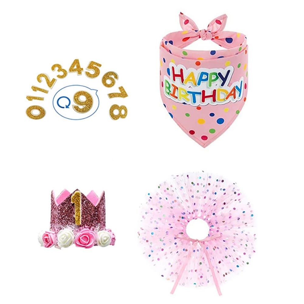 Dog Birthday 1st Party Supplies Scarf Tutu Skirt Crown Hat With 0-8 Numbers Pet Supplies For Puppy Birthday Outfit as shown - Image 2