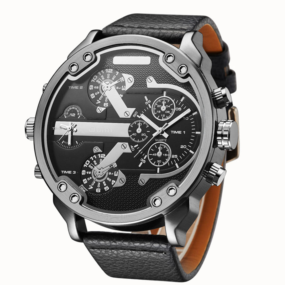 Oulm Men Business Two Time Zone Quartz Stylish Luxury Leather Watch Black