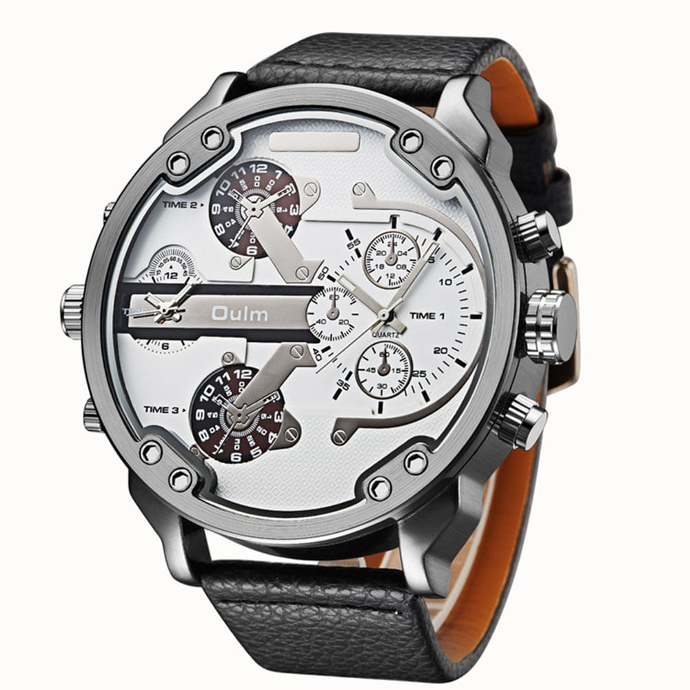Oulm Men Business Two Time Zone Quartz Stylish Luxury Leather Watch Black - Image 3